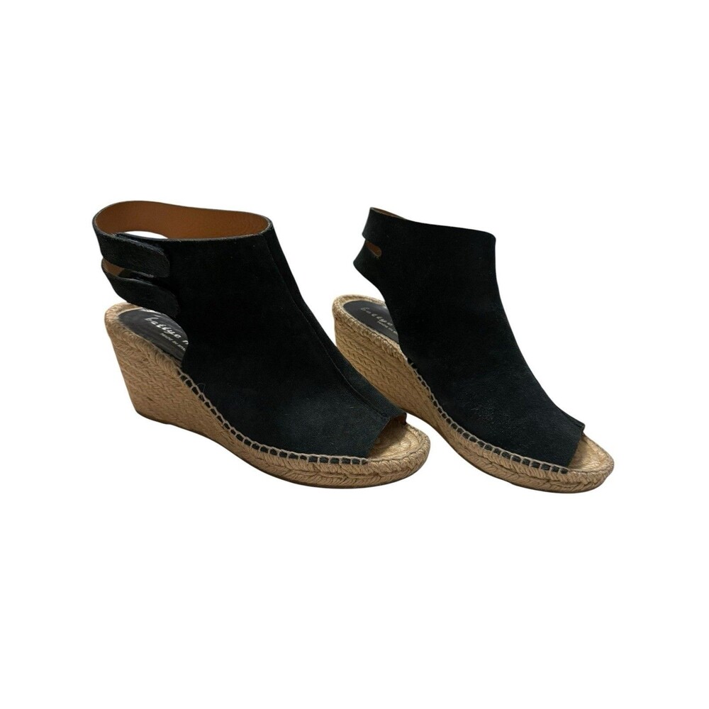 Bettye Muller Black Suede Espadrille Wedge Peep Toe Sandals Spain 38 US 8